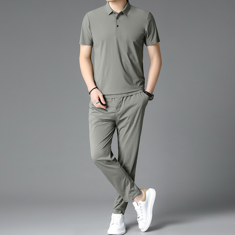 Ice Silk Seamless Short-Sleeved Men's T-Shirt and Pants Set, Summer Business Casual Polo Shirt Two-Piece Set for Middle-Aged Dads