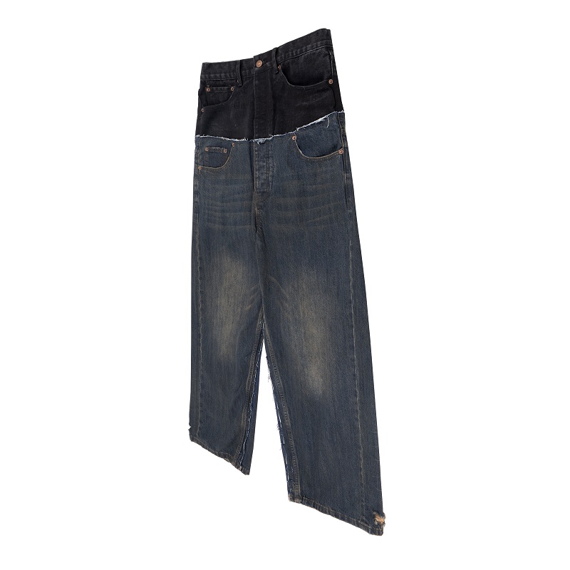 Alta carga 25ss nuevo estilo de resina de la industria pesada más barro teñido arrugado bigote de gato pierna ancha negro azul costuras pantalones de mezclilla para hombres y mujeres marea