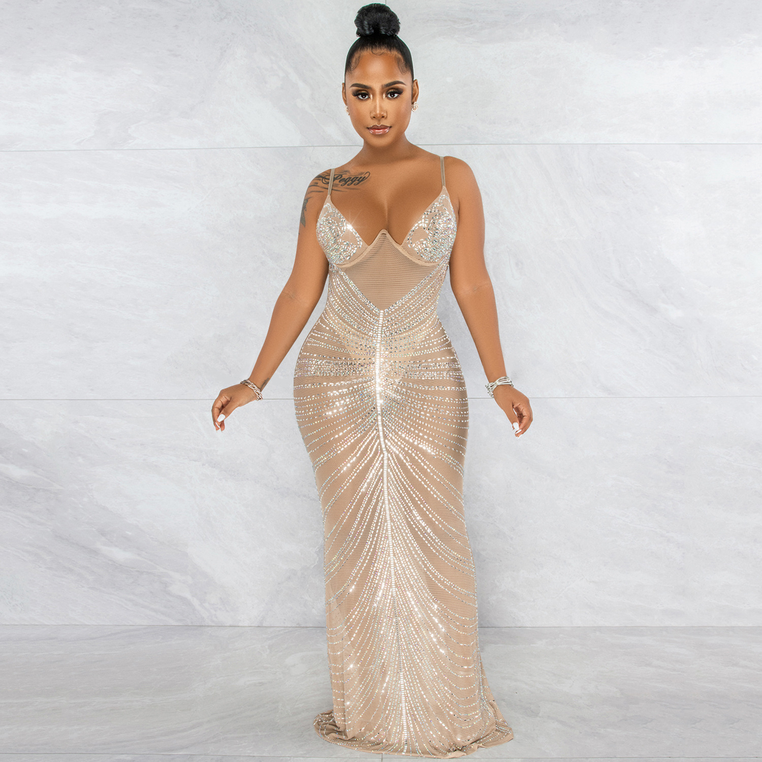 Hot Rhinestone Sling Wrapped Breast Mesh Perspective Prom Dress NSXYZ110907