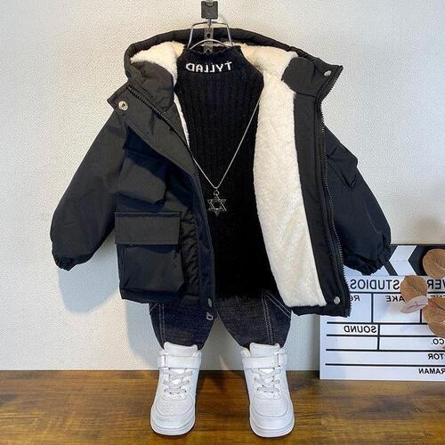 Boys' Fleece-lined Warm Hooded Coat for Autumn/Winter, Thick Cotton Padded Jacket, Stylish and Trendy for Older Kids and Toddlers, Outerwear
