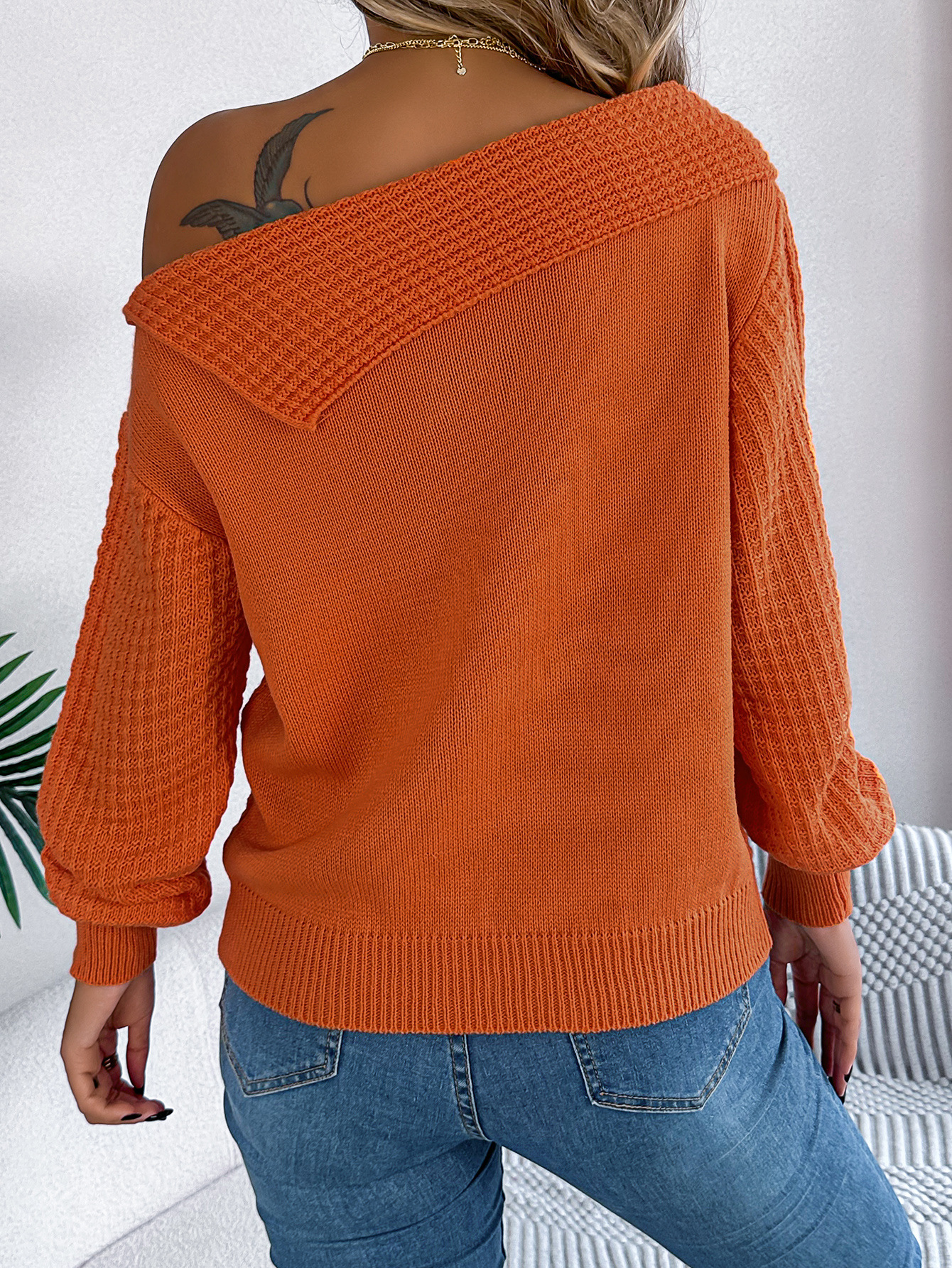 Women's Sweater Off Shoulder Lapel Twist Long Sleeve Pullover_voghion.com