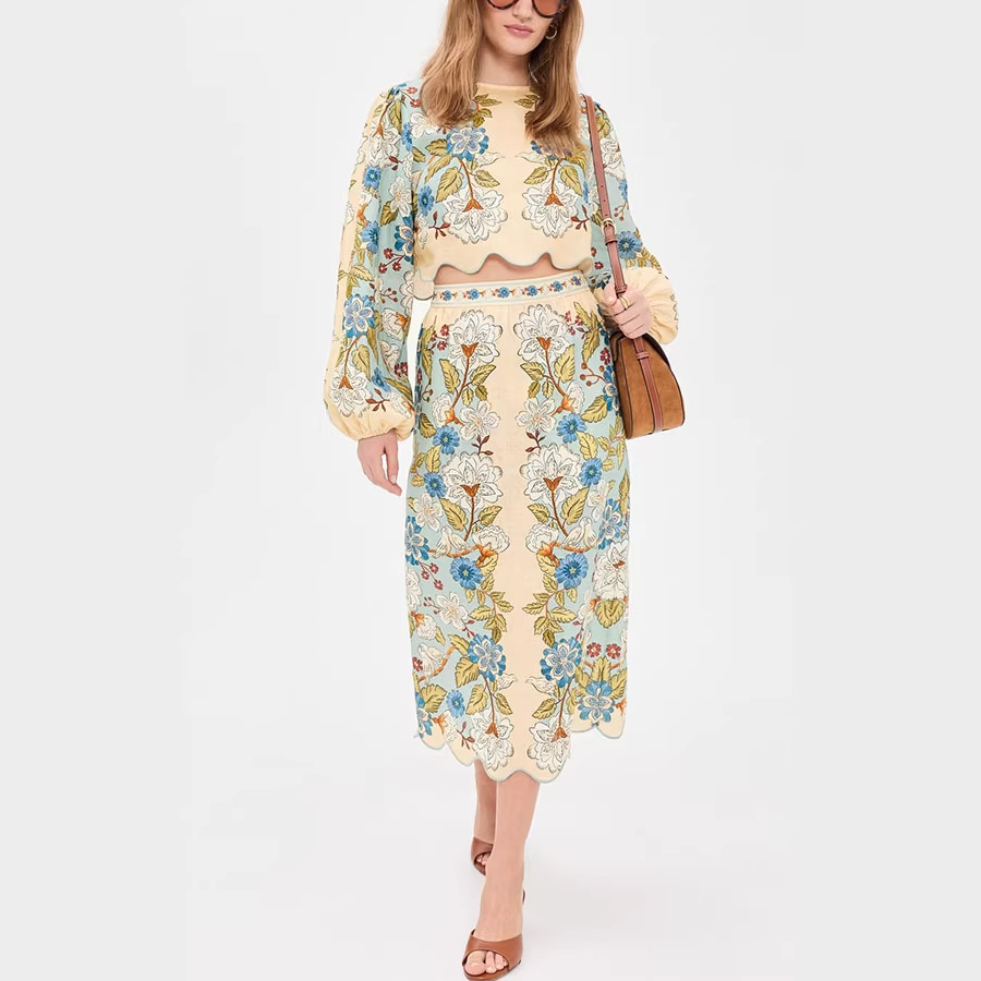 Completo da donna primavera/estate a due pezzi con gonna e top a maniche lunghe e stampa, vestibilità ampia, stile europeo/americano._voghion.com