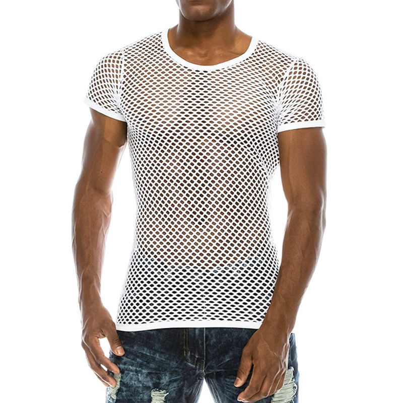 European and American Style Large Mesh Hollow Large Size Men's Short-sleeved T-shirt Fishing Net Personality Dancing Men's Fashion Personality Trendy Blouse