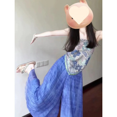 海边度假风穿搭套装辣妹蓝色印花露肩上衣晕染阔腿裙裤两件套女潮