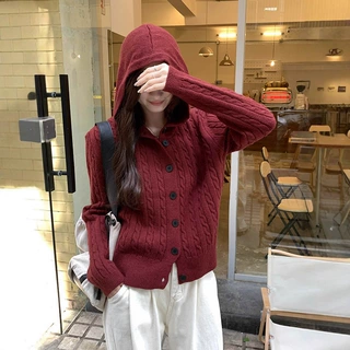 连帽长袖针织开衫外套女设计感秋冬季新款显瘦红色气质百搭上衣