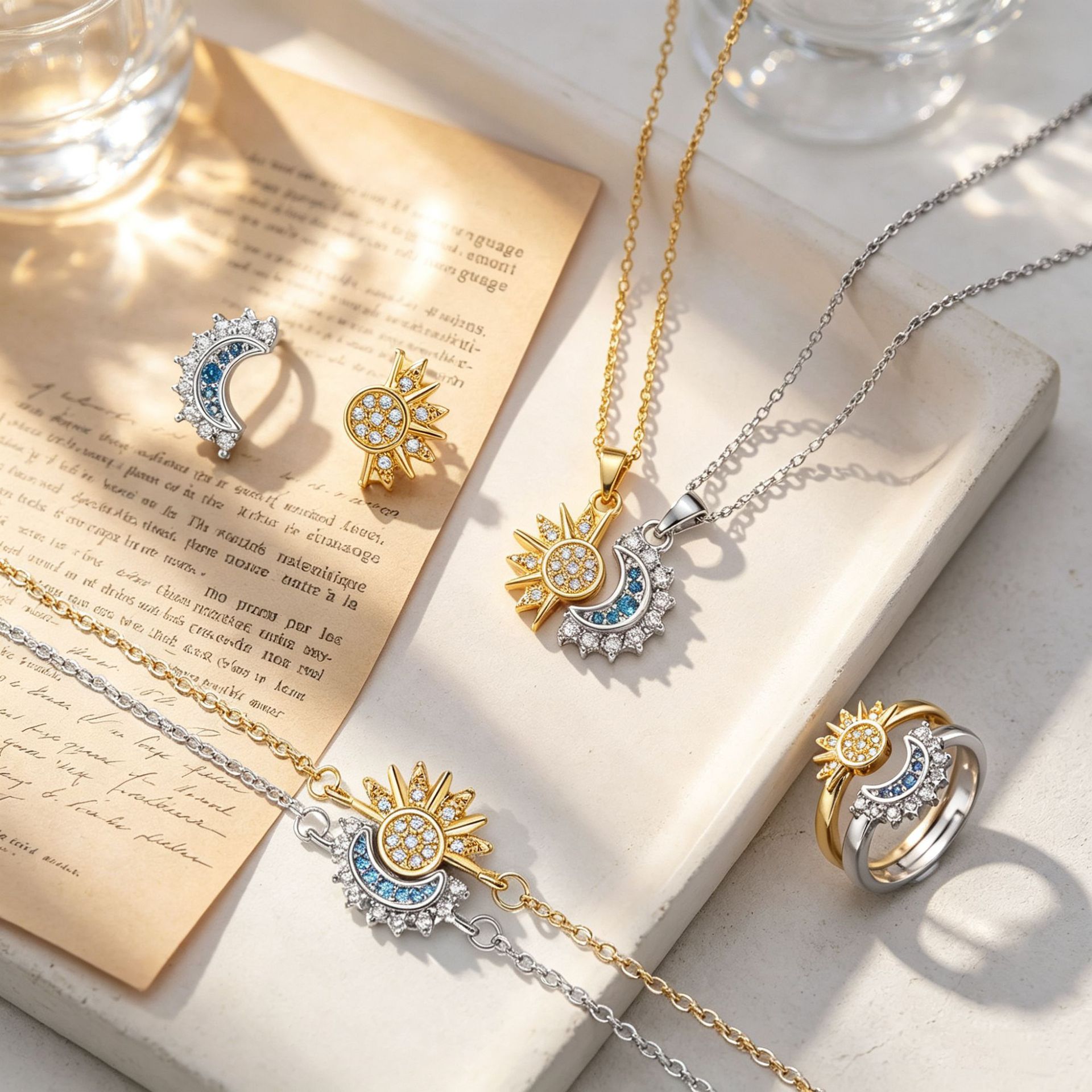 New cross-border product: Sun and Moon micro-inlaid necklace for women, sun and moon open ring set, personalized stackable collarbone chain