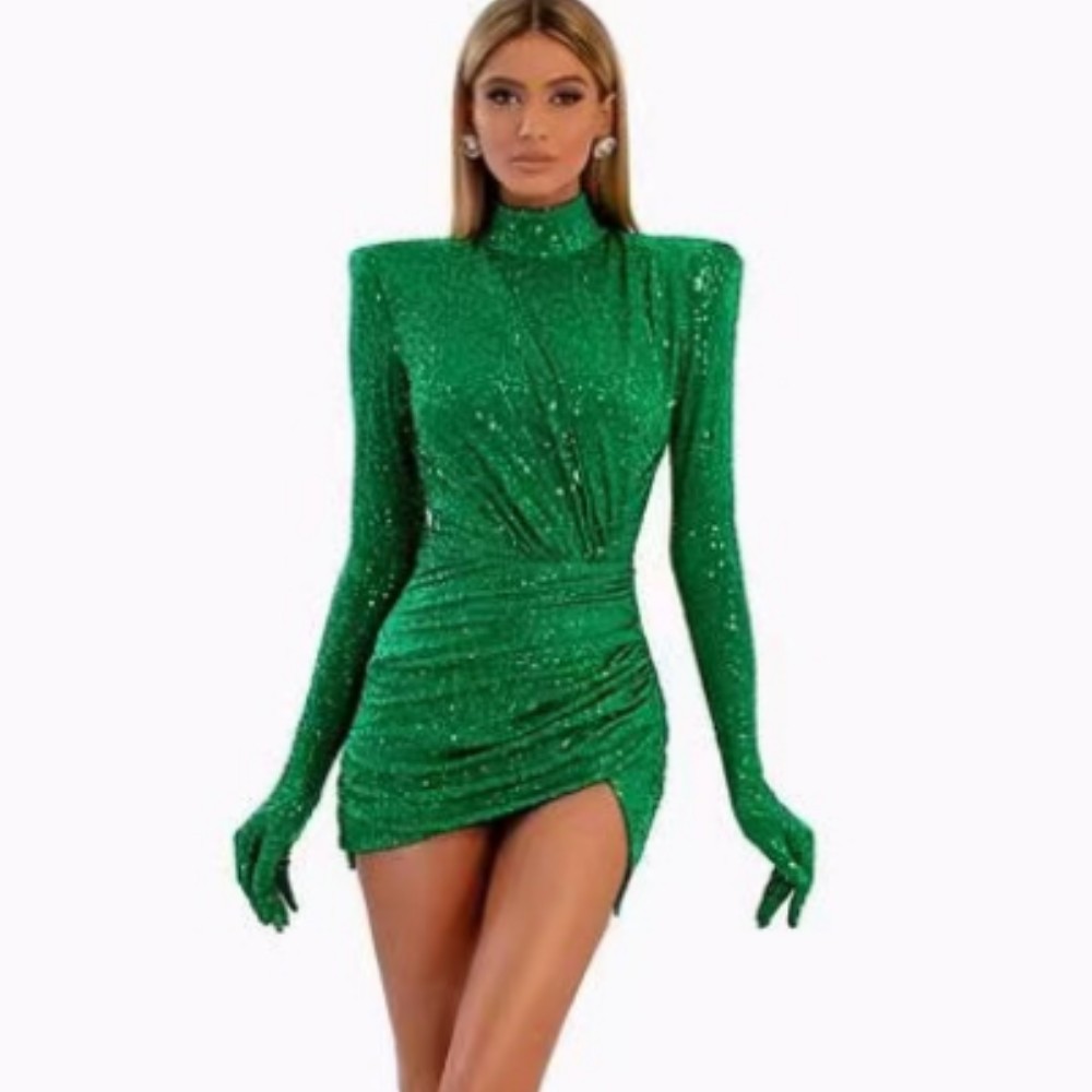 AliExpress Amazon green sequined velvet oversleeve small turtleneck dress fashion party performance dress