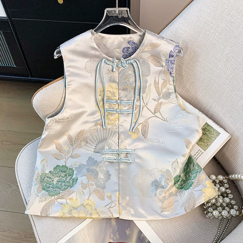 Новый китайский стиль, национальный тренд, вышитый жилет 2025, весна-лето, высококачественный атласный ретро-жилет в национальном стиле с пуговицами