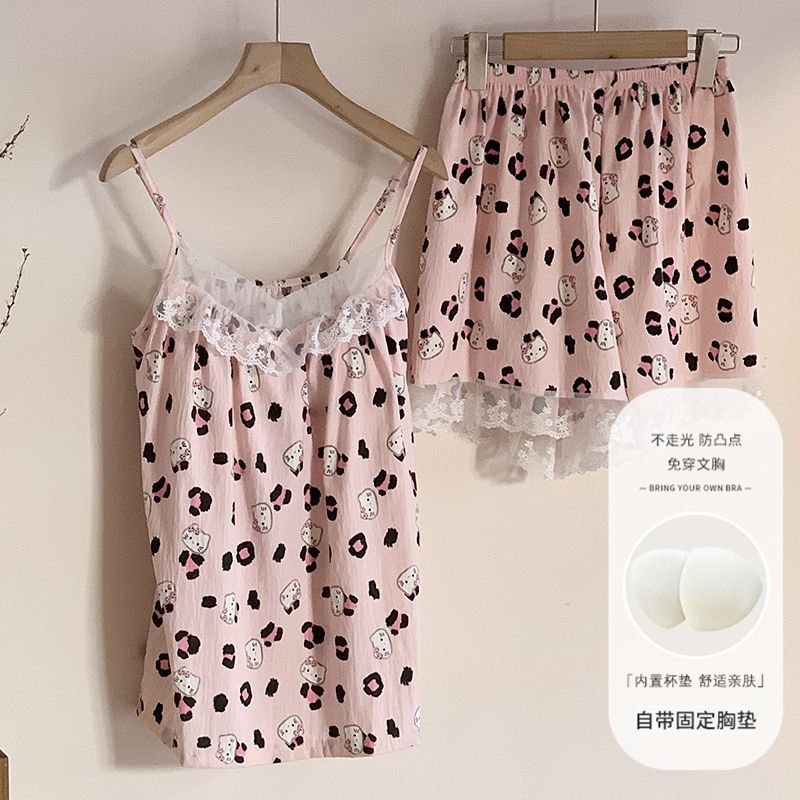 Venta al por mayor transfronteriza verano nuevo pijama mujer nube algodón encaje tirantes pantalones cortos cojín fijo para el pecho dulce servicio a domicilio