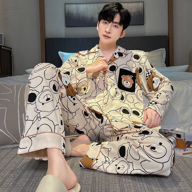 Outer Wearing Men's Pajamas Men's Spring and Autumn Long Sleeve plus size Pure Cotton 2024 New Autumn and Winter Men's Home Clothes