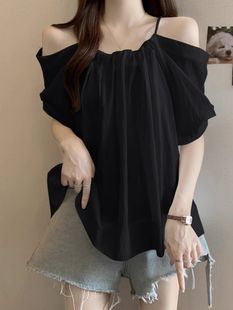 Plus-Size Women's Fashion Design Off-Shoulder Ruffle Short-Sleeve Shirt for Slightly Chubby Women, Versatile Slimming and Age-Reducing Blouse Top