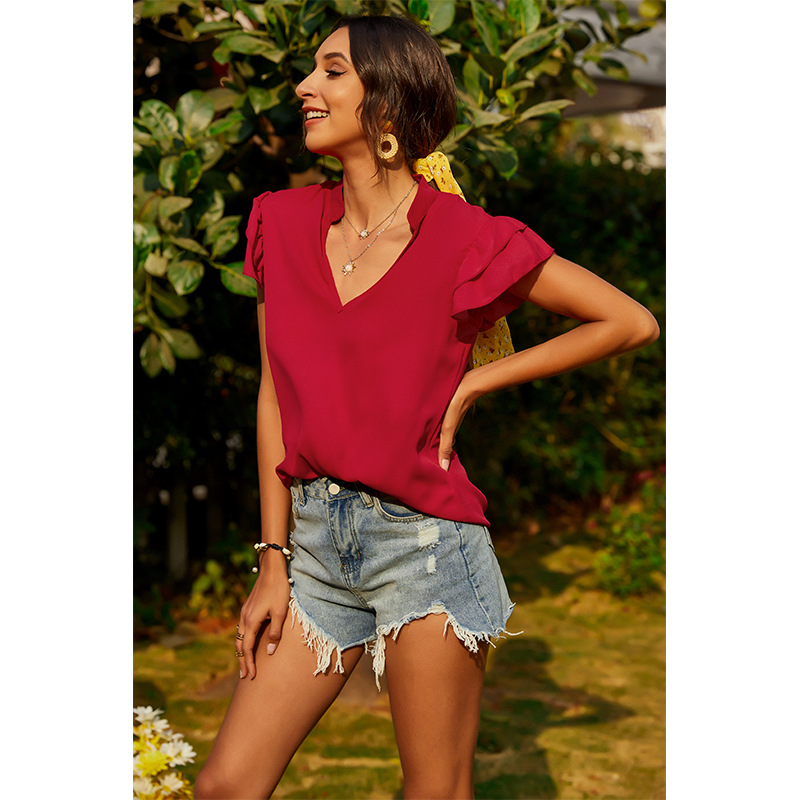 summer new hot style fashion short-sleeved V-neck solid color T-shirt NSMAN53280