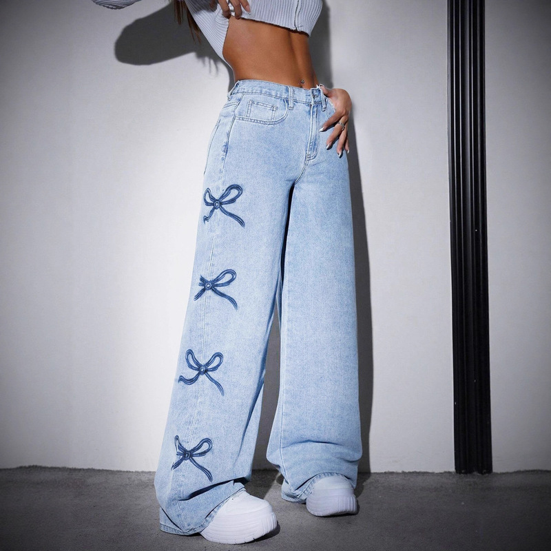 Cross-border cross-border printing straight tube wide leg jeans explosion Amazon butterfly foreign trade design wind wash water 2025 Cross-border cross-border printing straight tube wide leg jeans explosion Amazon butterfly foreign trade design wind wash water 2025