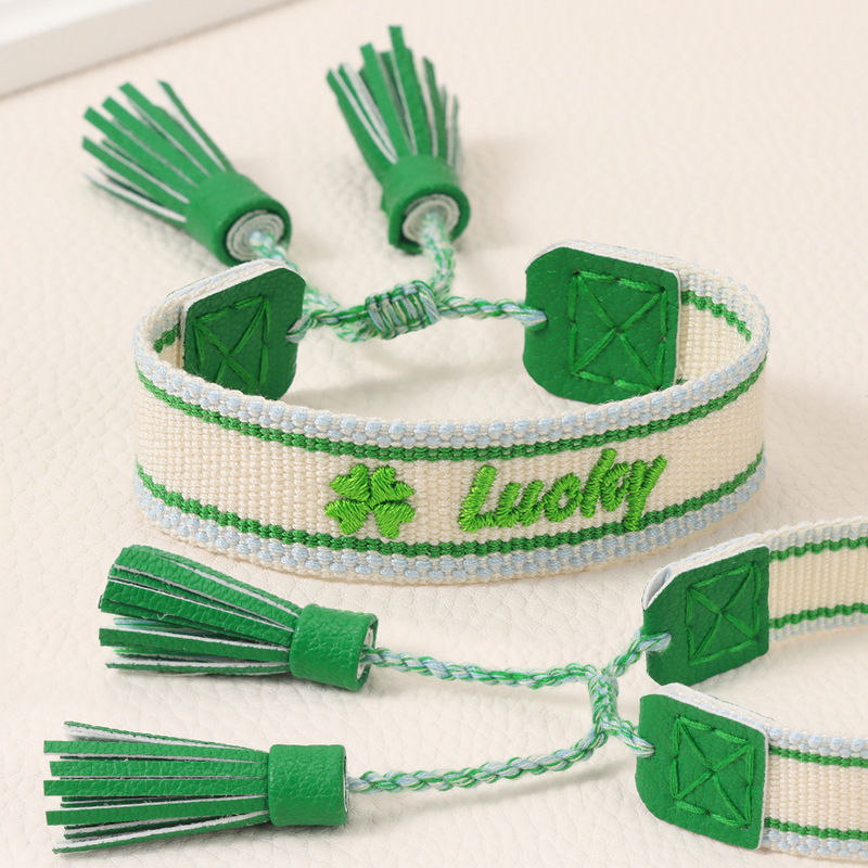 Cross-Border Letter Embroidery Woven Bracelet for Women European and American Handmade Leather Tassel Adjustable Woven Friendship Bracelet Wholesale