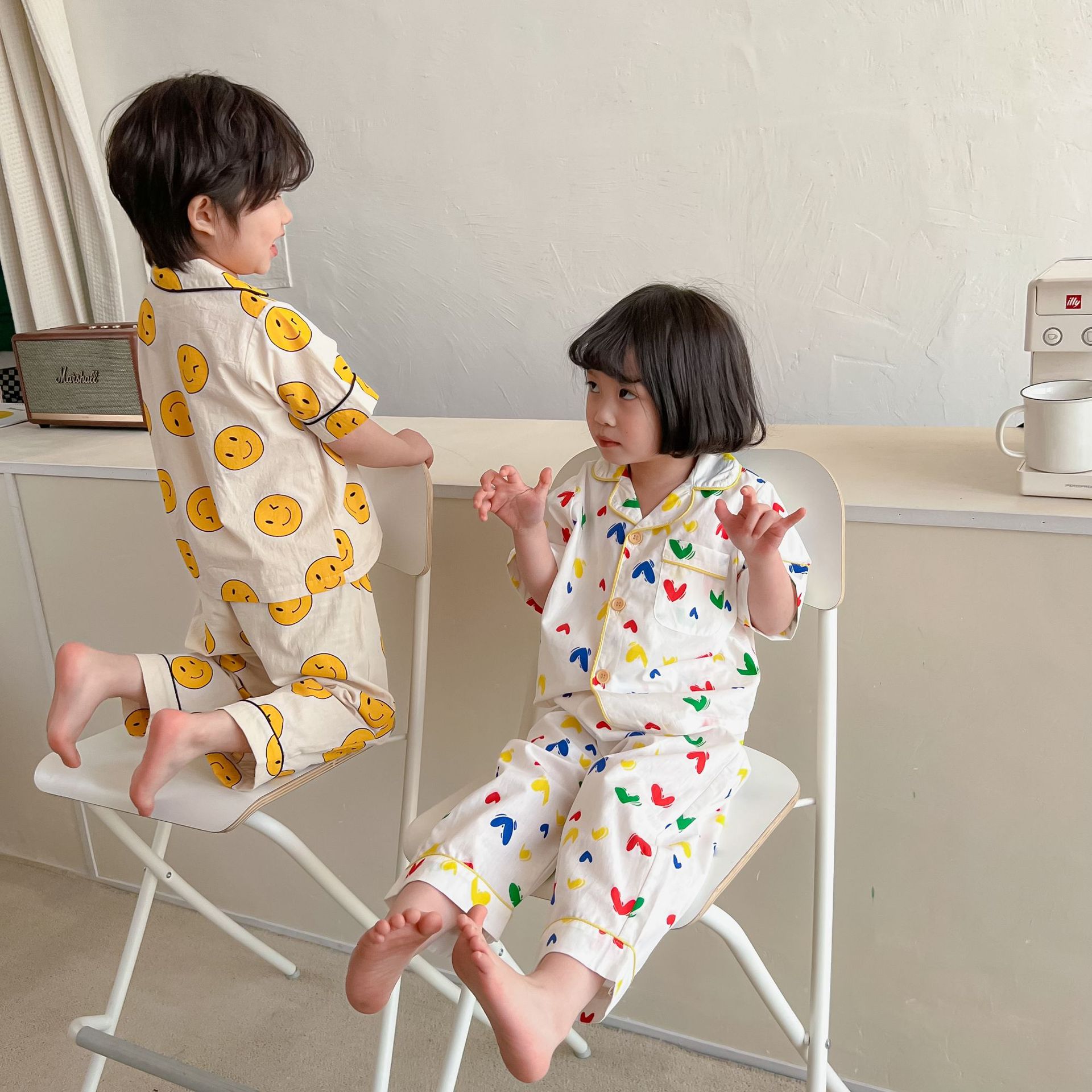 2022 new summer new children's short sleeve Long Pants Pajama Set Boys' and girls' baby home clothes air conditioning suit set