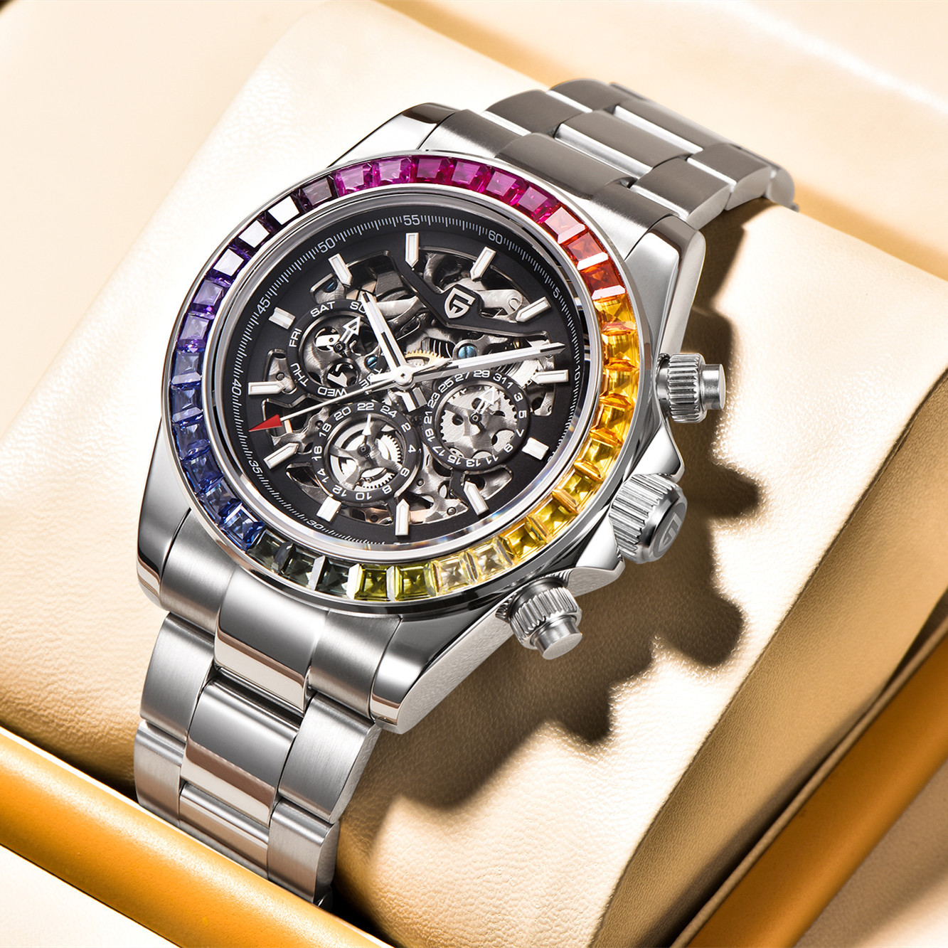 PAGANIDESIGN reloj mecánico automático de los hombres multi-función impermeable hueco Arco Iris anillo reloj masculino 1777