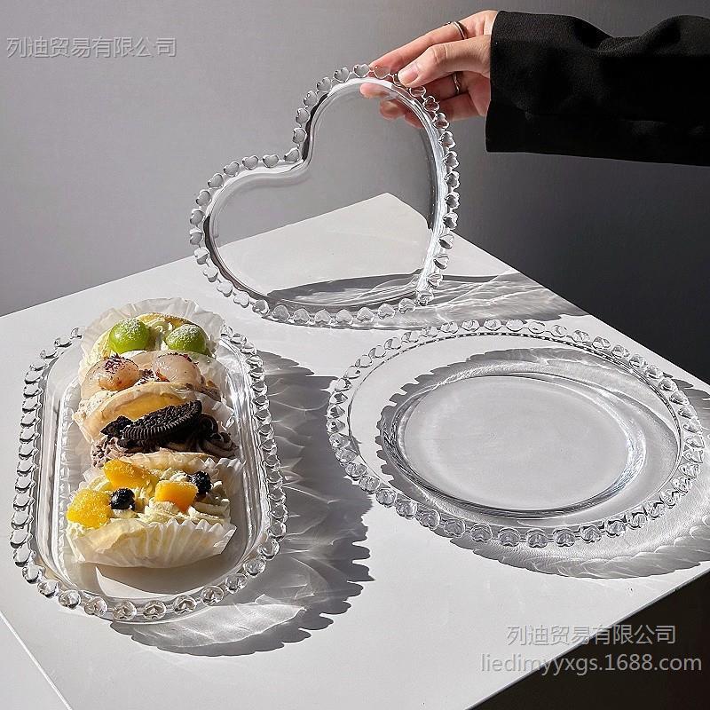 Serie de platos de vidrio de frutas de borde de amor coreano de estilo ins, platos de postres transparentes para el hogar, platos para pasteles, platos para ensaladas image 4