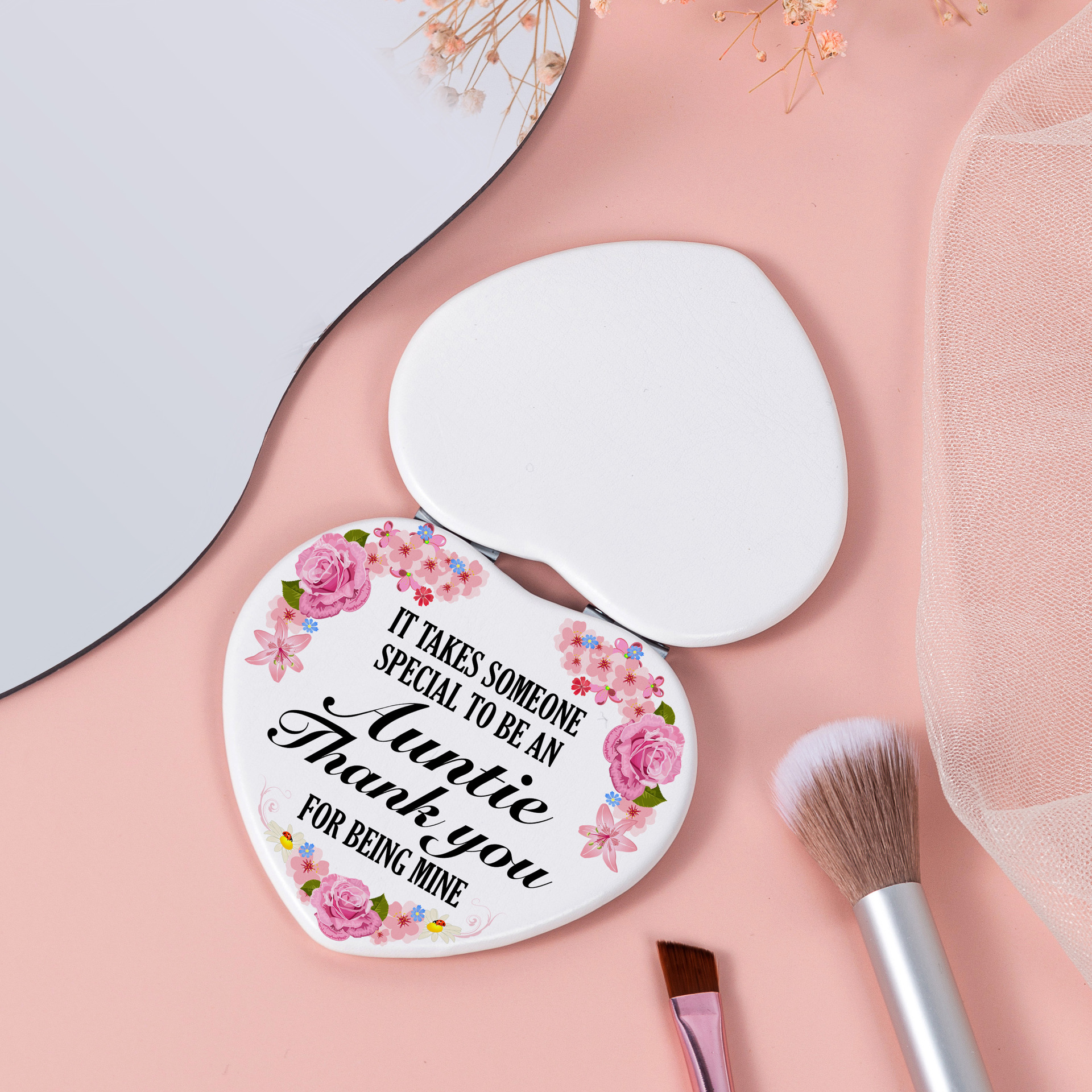 Espejo portátil con funda de PU en forma de corazón, estilo ins