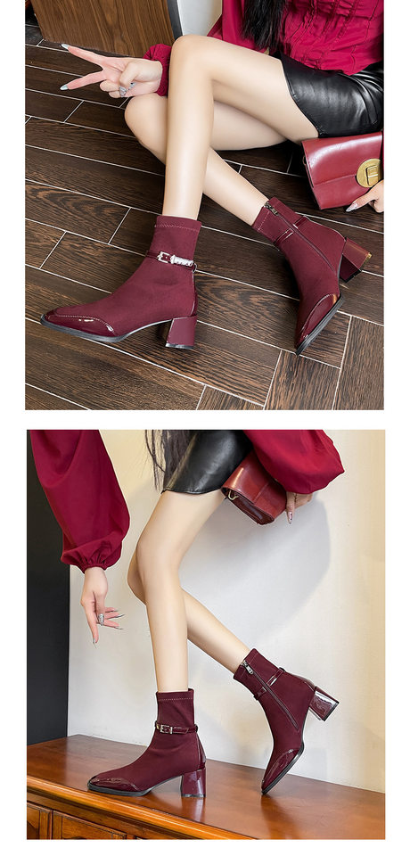 Bốt ngắn nữ mũi vuông gót dày 6–8 cm phối khóa kéo bên — Lớp lót nhung nâu, Màu nâu, Màu đen, Màu đỏ Angora chi tiết 6
