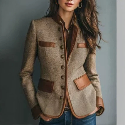 2026 Cross-Border Retro Color-Block Suede Patchwork Women's Slim-Fit Long-Sleeve Blazer European and American Style Elegant Top