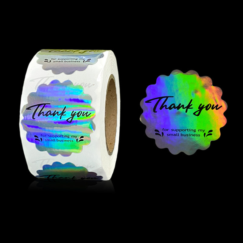彩虹镭射500张/卷感谢贴纸礼物封口贴 thank you波浪形花卉装饰贴