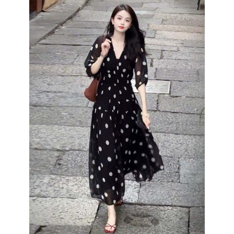 2025 Summer Nursing Clothes for Going Out Hot Mom Style Postpartum Nursing Clothes French Polka Dot V Neck Nursing Dress