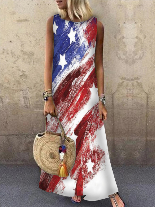 Cross-Border 2026 Spring/Summer Maxi Long Dress Colorful Women's Versatile Round-Neck Casual Vacation Sleeveless Dress