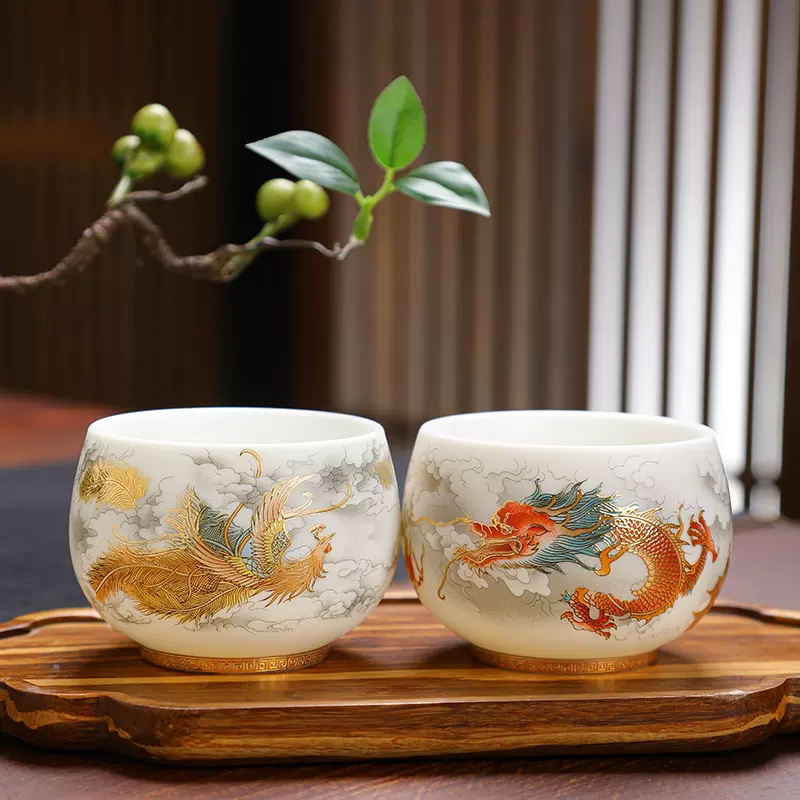 羊脂玉陶瓷龙凤对杯茶碗品茗杯主人杯茶盏年会高档茶杯礼品定logo