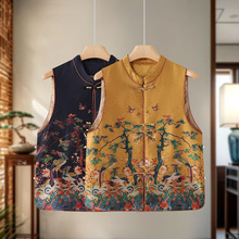 新中式妈妈秋装短款马甲外套中老年女装春秋国风提花唐装马夹背心