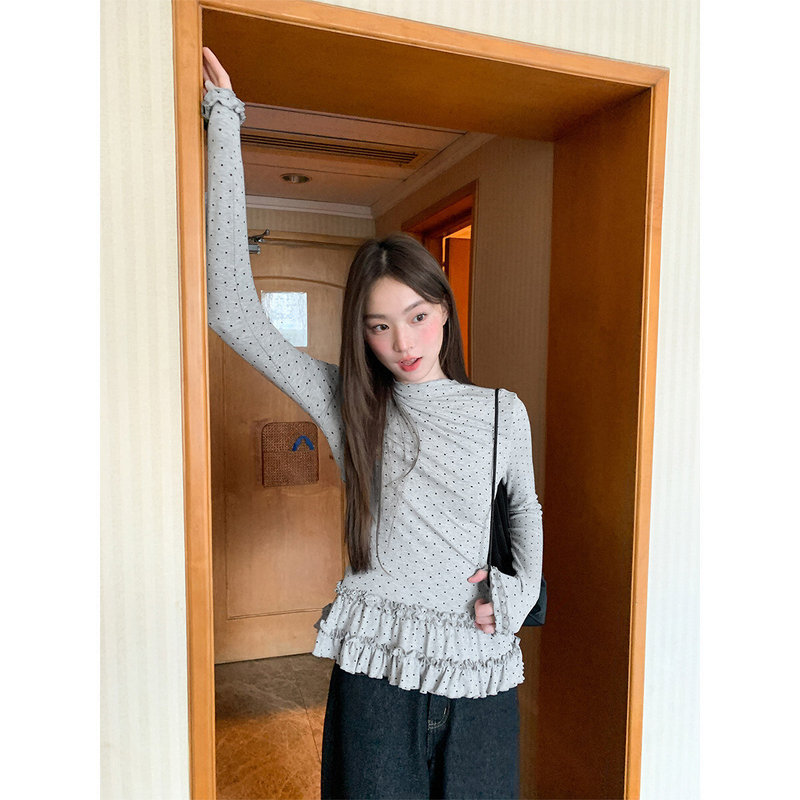 Half-High Collar Polka Dot Long-Sleeve Base Shirt for Women, New Spring Slim-Fit Ruffle Edge T-Shirt Top