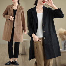 2025春新款中长款西装纯色宽松长袖棉麻西服外套气质上衣女装