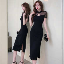 WDS0834欧美2023夏跨境外贸复古性感短袖镂空包臀开叉旗袍连衣裙