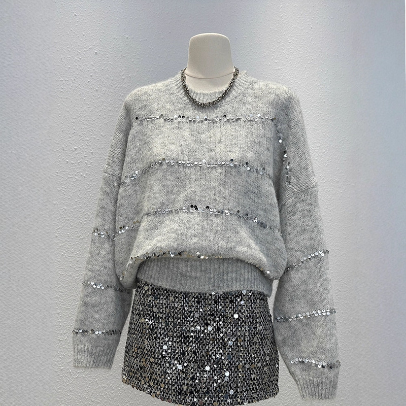 Unique Design Long-Sleeve Knit Sweater for Women, Autumn and Winter Fashion, Heavy Sequin Pullover, Lazy Style, Soft and Cozy Top Unique Design Long-Sleeve Knit Sweater for Women, Autumn and Winter Fashion, Heavy Sequin Pullover, Lazy Style, Soft and Cozy Top