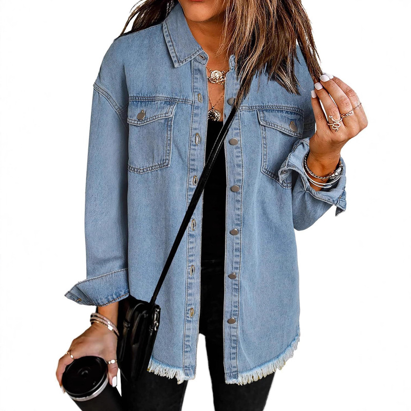 2025 Amazon Women's Denim Jacket Casual Long-Sleeve Shirt Vintage-Style Cross-Border Fashion Versatile