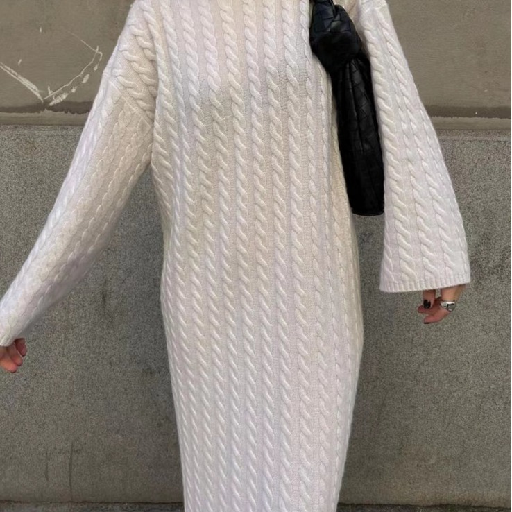 Vestido Suéter Largo Elegante de Estilo Europeo y Americano Otoño 2023 para Mujer, Manga Larga, Estilo Holgado, Cuello Redondo image 6