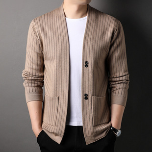 Men's Autumn and Winter New Long-sleeved Solid Color Knitted Cardigan Men's Middle-aged Business Casual Top Base Shirt