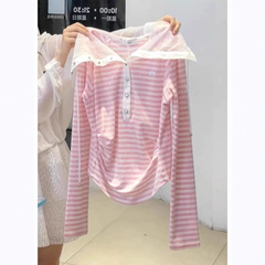韓系chicドーパミン洋気減齢小シャツ小衆軽熟風ピンクストライプレース帽子tシャツ女春