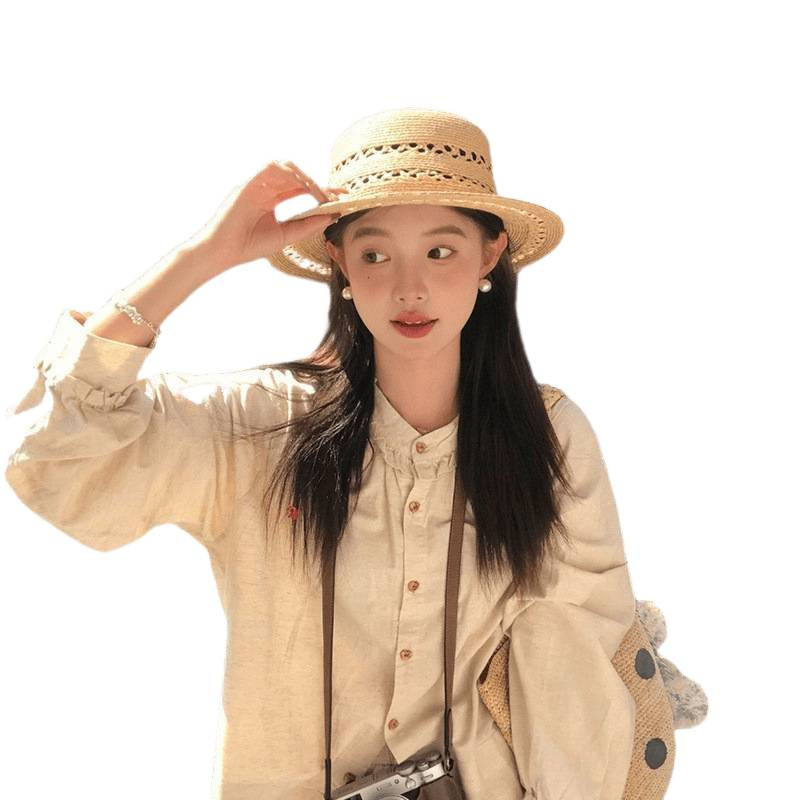 高品质~拉菲镂空平顶帽子女新款夏季礼帽|undefined