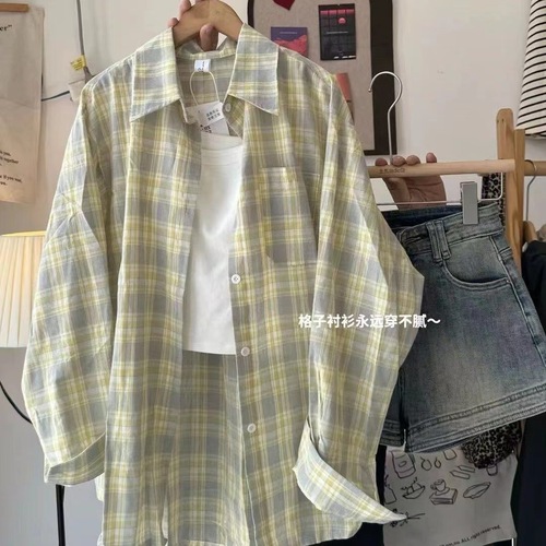 American Retro Thin Plaid Long-Sleeve Shirt Women's Jacket Summer New Design Sun Protection Cardigan Loose Women's Shirt