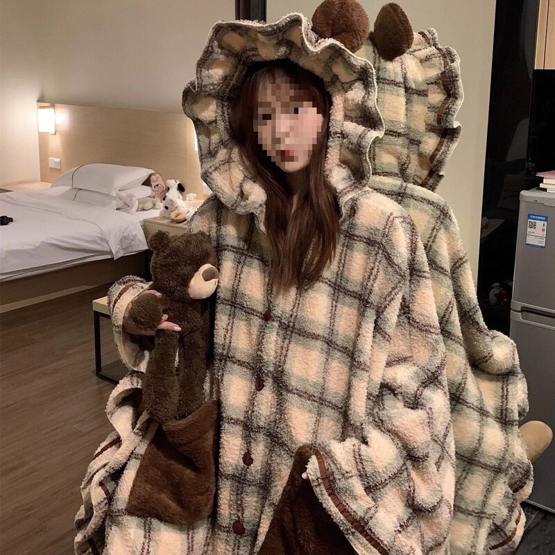 Japanese-Style Ins Coral Fleece Pajamas for Women, Thick Hooded Cape Robe Bathrobe, Girl's Loungewear