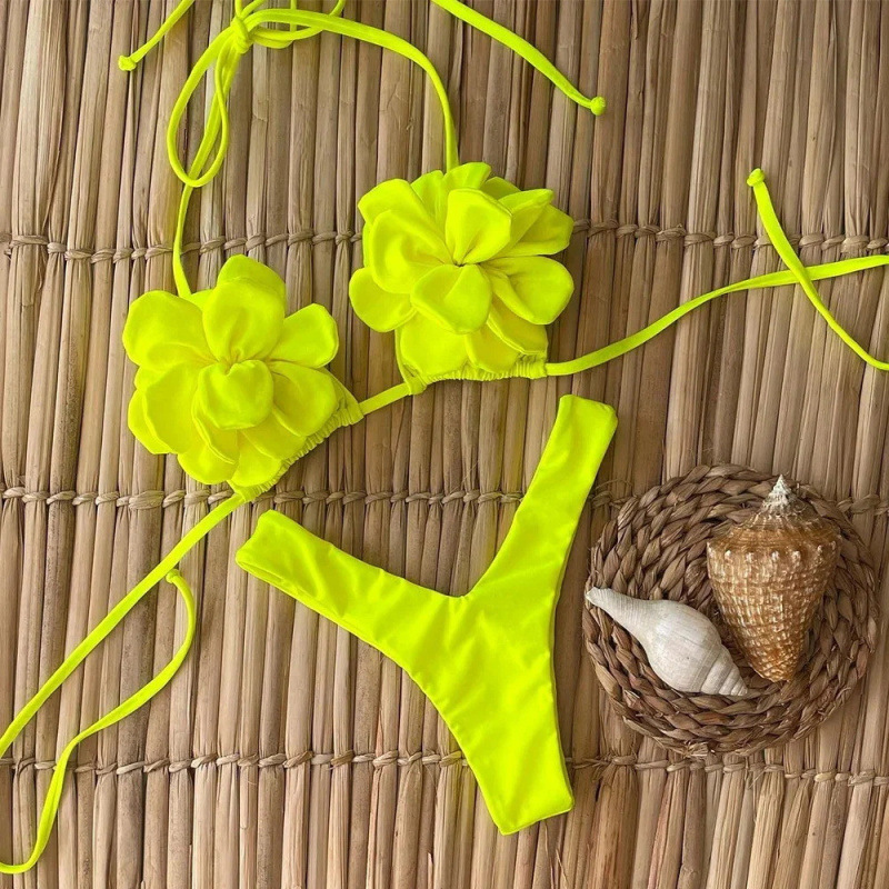 20253D Flower Low Waist Bikini Sexy Split Swimsuit for Women Aliexpress Amazon Hot Style Fluorescent Bright Color for Women