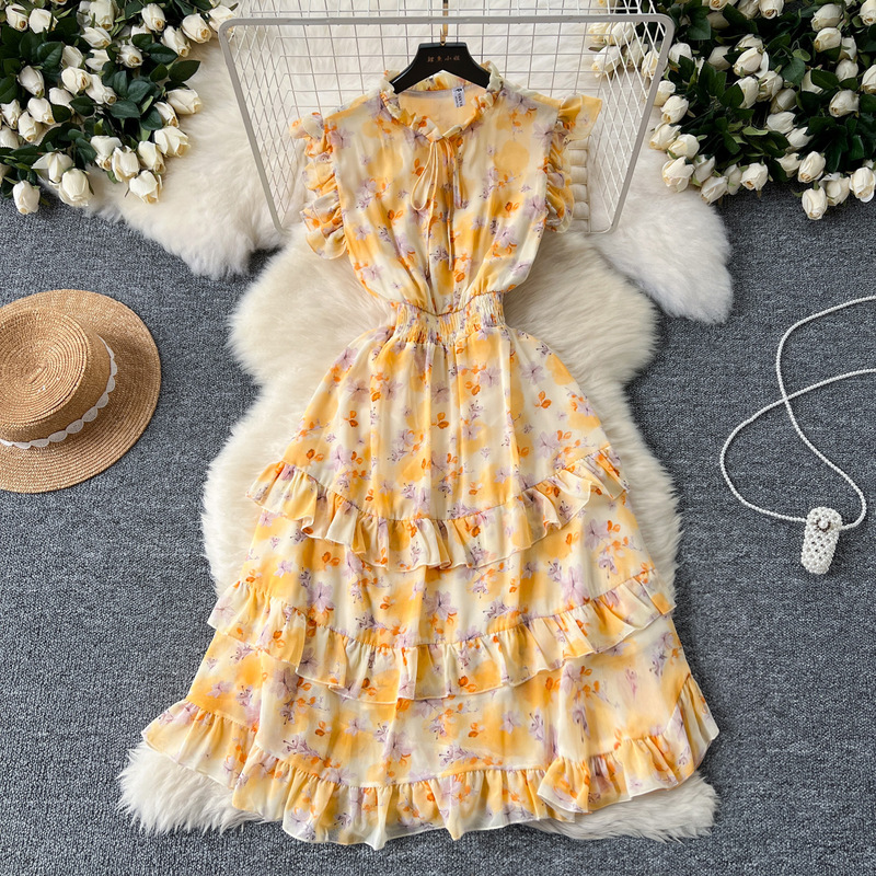 Midi dress Women's Niche Vintage Tea Break Floral Chiffon Skirt Tight Waist Slimming Ruffled Stitching Long Skirt Midi dress Women's Niche Vintage Tea Break Floral Chiffon Skirt Tight Waist Slimming Ruffled Stitching Long Skirt