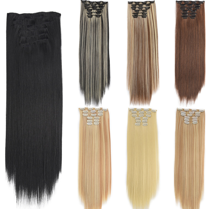Wig Six-Piece Set of Clip Hair Straigh16 Card Wig Piece Hair Extension Piece Long Straight Hair Seamless 1B-4-30 Hair Curtain