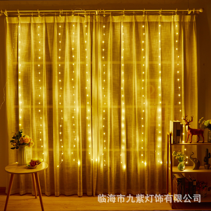 Lámpara de cortina de alambre de cuero LED, habitación de casa, diseño de ambiente de dormitorio, control remoto USB 8 funciones, 3*3 luces de cortina al por mayor