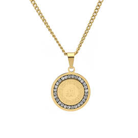 欧美跨境饰品个性圆牌镶钻男女18K金吊坠钛钢锆石长款毛衣链项坠