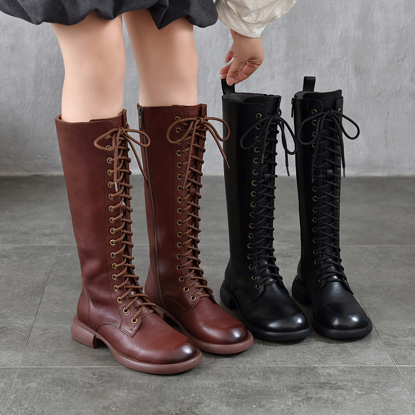 High-Quality Genuine Leather Top Layer Cowhide High Boots Lace-Up Flat Martin Boots for Women 2025 Autumn and Winter New Style