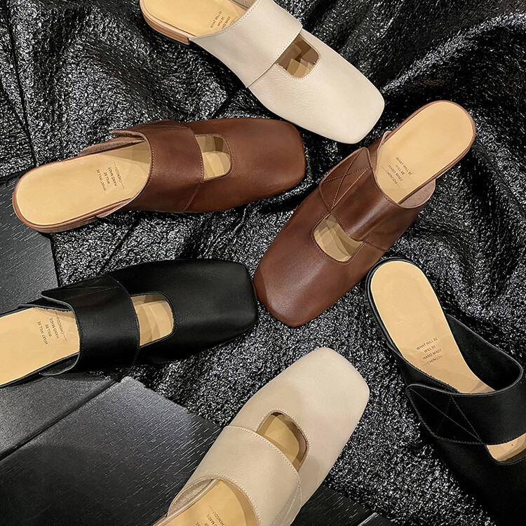 Leather summer women's slippers flat