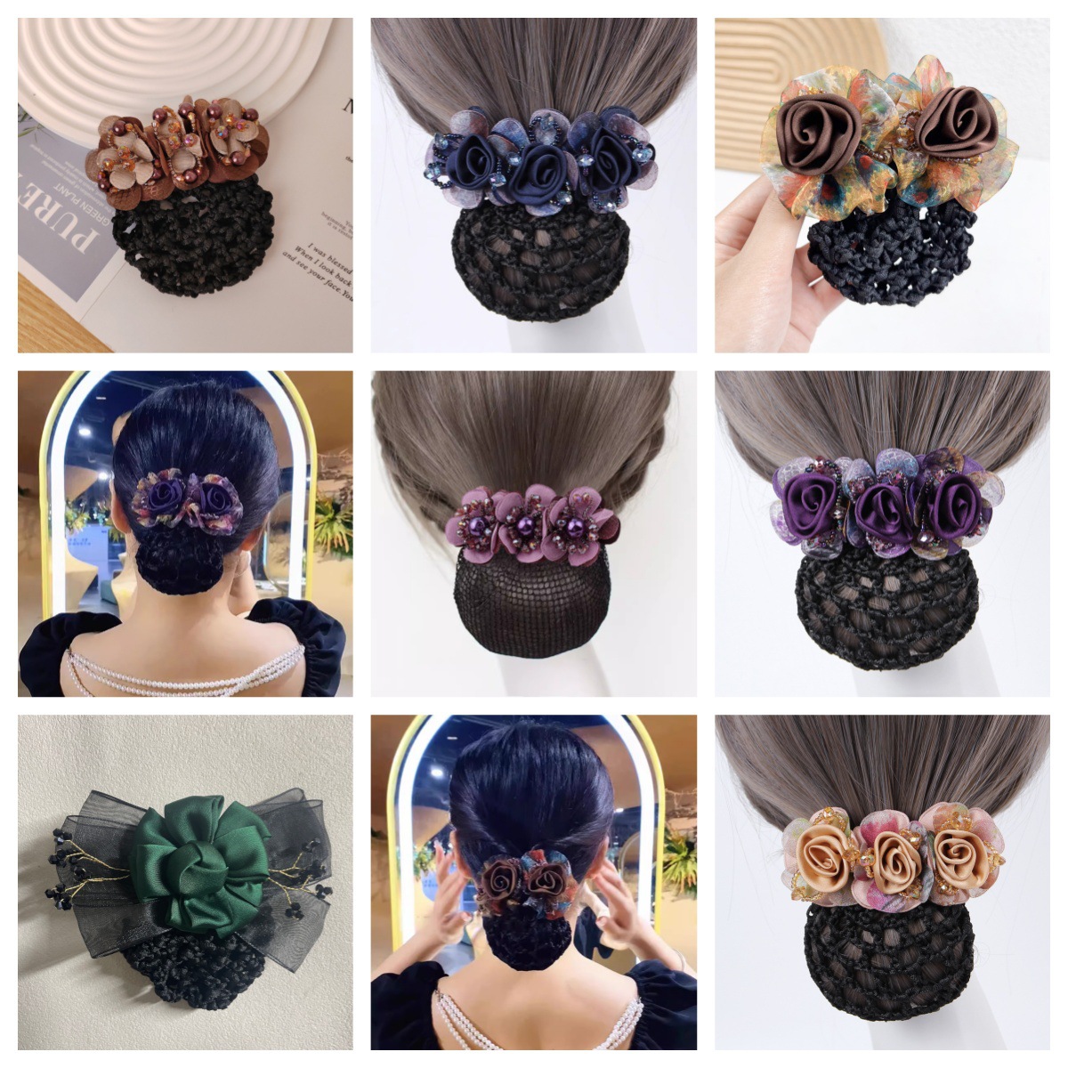 Rose Flower Hair Net Hairpin Ponytail Clip Elegant Retro French Style Horizontal Clip Top Hair Net Bun Hairnet