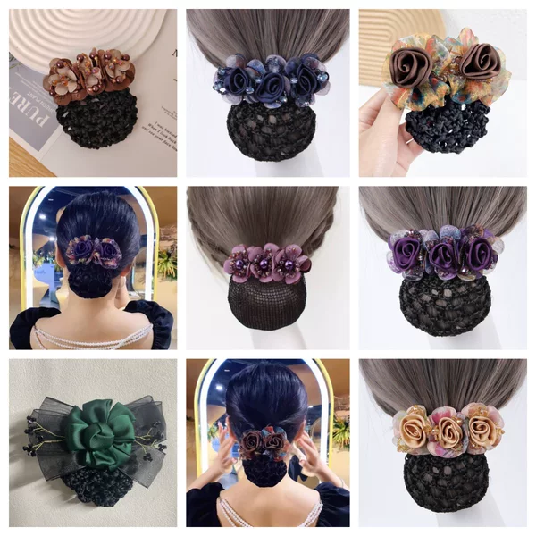 Rose Flower Hair Net Hairpin Ponytail Clip Elegant Retro French Style Horizontal Clip Top Hair Net Bun Hairnet