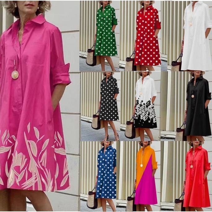 2022 Autumn European and American Amazon Wish Aliexpress Printed Simple Mid-Length Dress with Sleeves